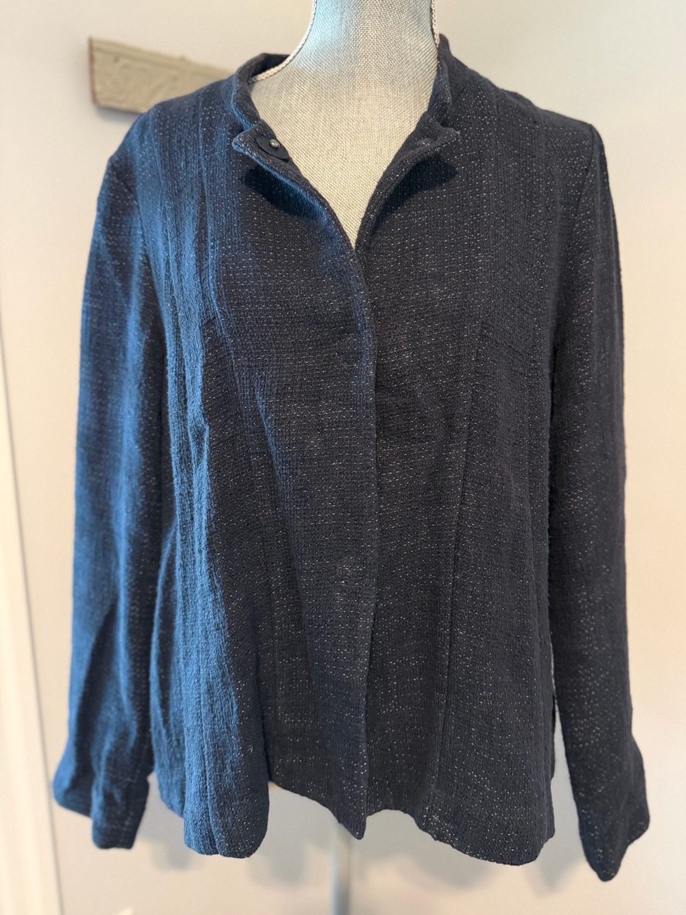 EILEEN FISHER linen cotton blend hidden button stand collar jacket lagenlook